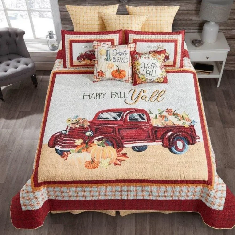 Farmhouse Red Truck HAPPY FALL Y'ALL Printed Queen Quilt Set Vintage Country